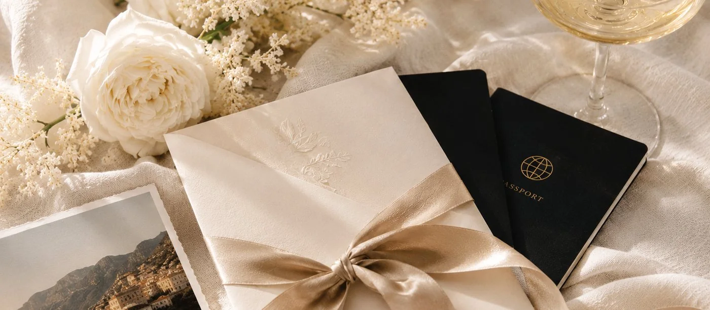 White roses, a ribboned envelope, passports and a glass of cava on soft linen